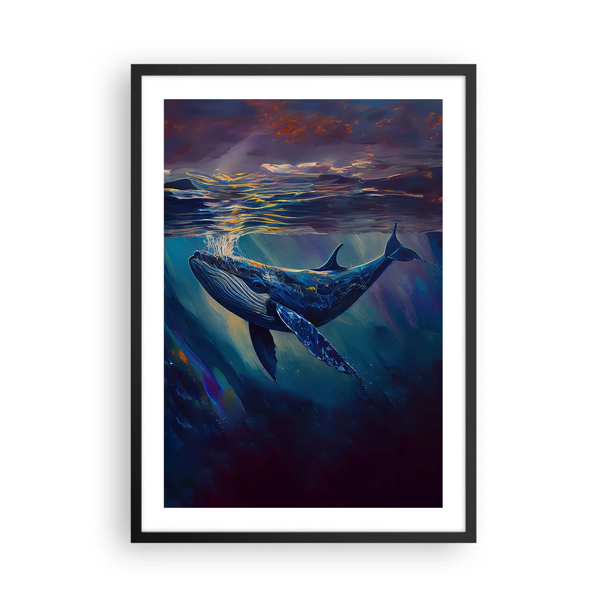 Plakat i sort ramme - Et stemningsfuldt billede af en hval i undervandslys - 50x70cm - Velkommen til min verden - Moderne vægdekoration til stue og soveværelse ARTTOR