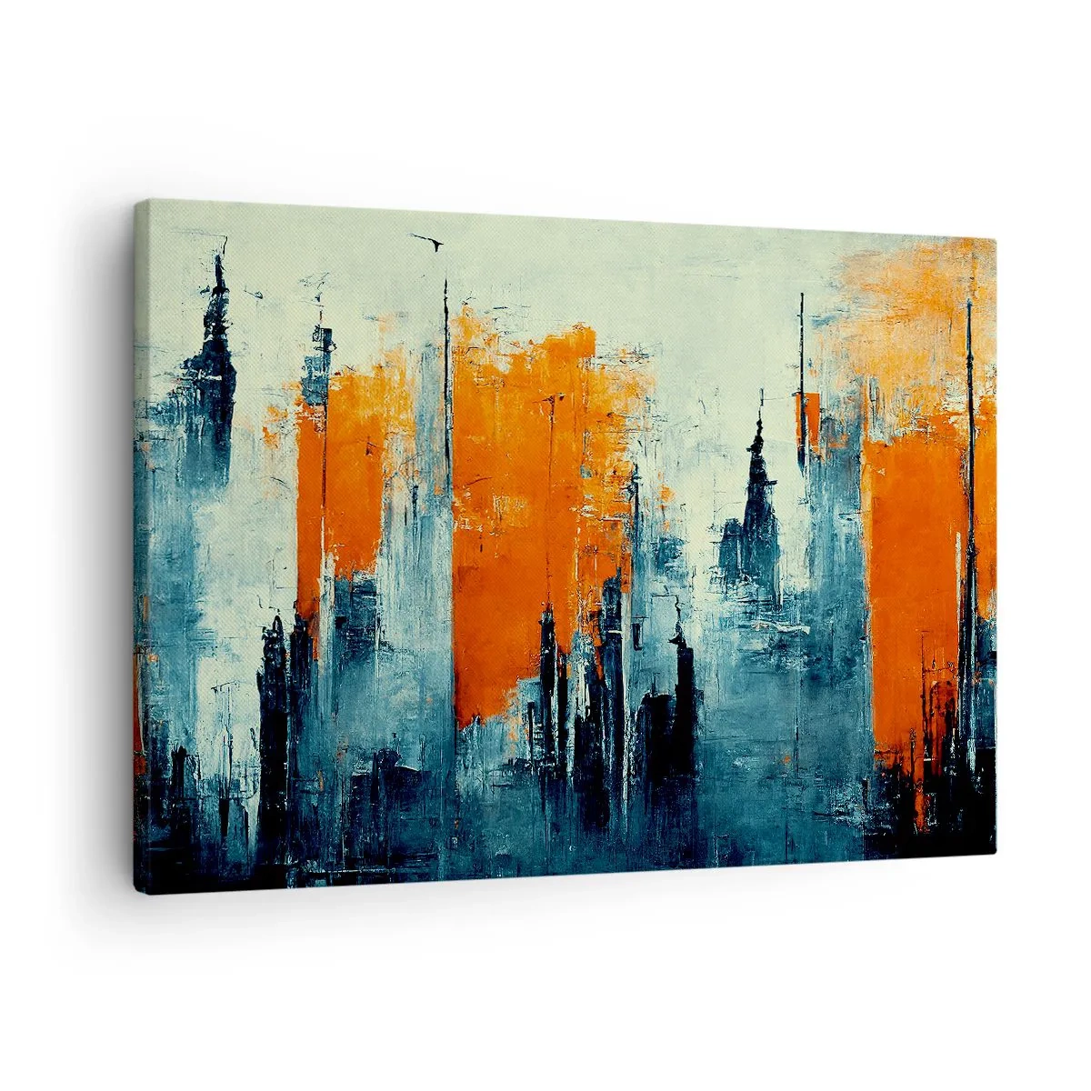 Lærredstryk - Billede på lærred - Abstrakt bybillede i orange og blå nuancer - 70x50cm - Moderne landskab - Moderne vægdekoration til stue og soveværelse ARTTOR