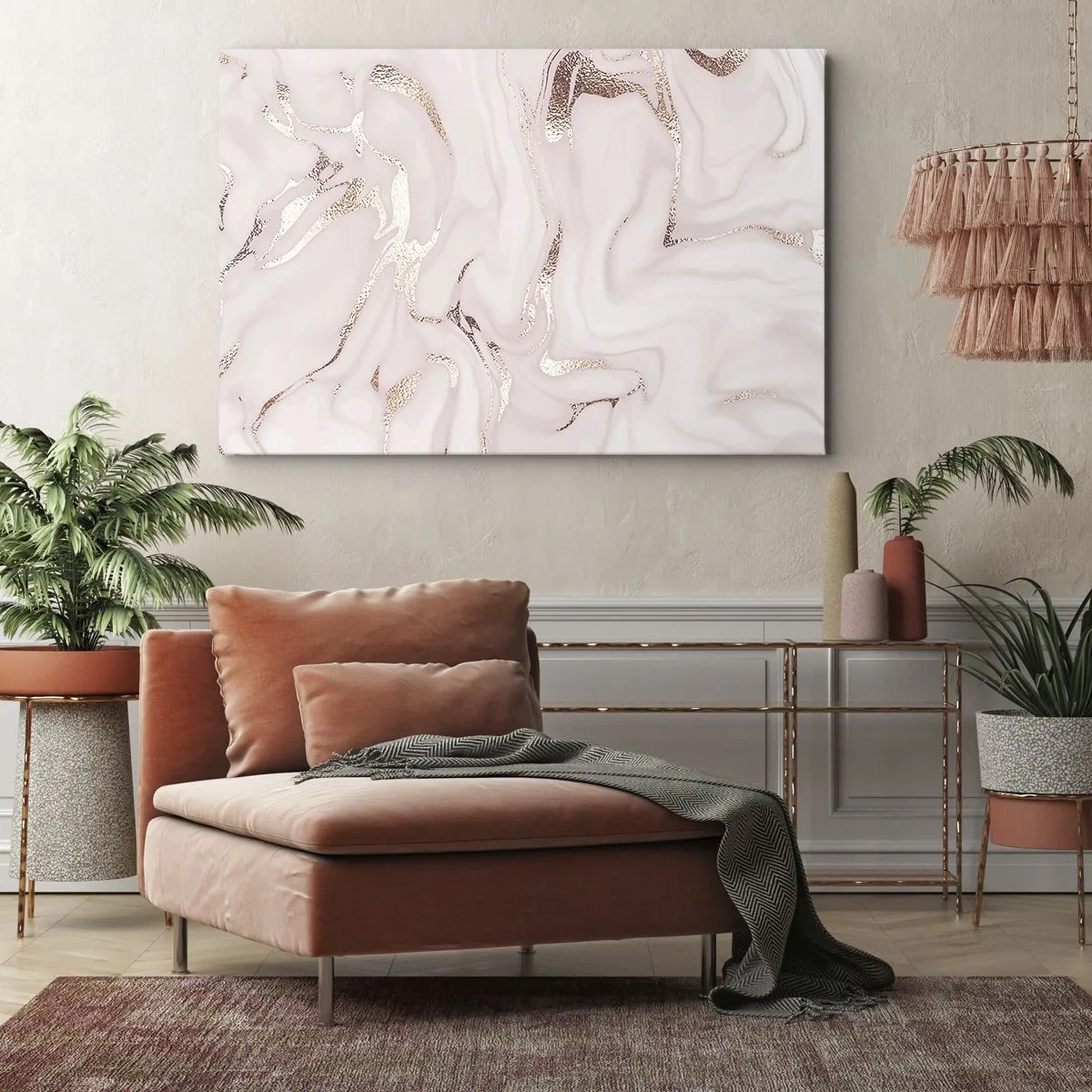 Lærredstryk - Billede på lærred - Elegant abstraktion i nuancer af lyserød og guld - 70x50cm - I et lyserødt tørklæde - Moderne vægdekoration til stue og soveværelse ARTTOR