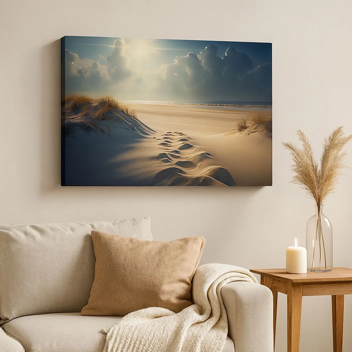Lærredstryk - Billede på lærred - Gyldne klitter på stranden ved solnedgang med udsigt over havet - 70x50cm - Beroligende landskab - Moderne vægdekoration til stue og soveværelse ARTTOR