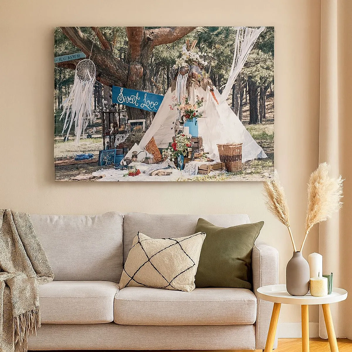 Lærredstryk - Billede på lærred - Boho-dekoration med tipi i skoven - 70x50cm - Make love… - Moderne vægdekoration til stue og soveværelse ARTTOR