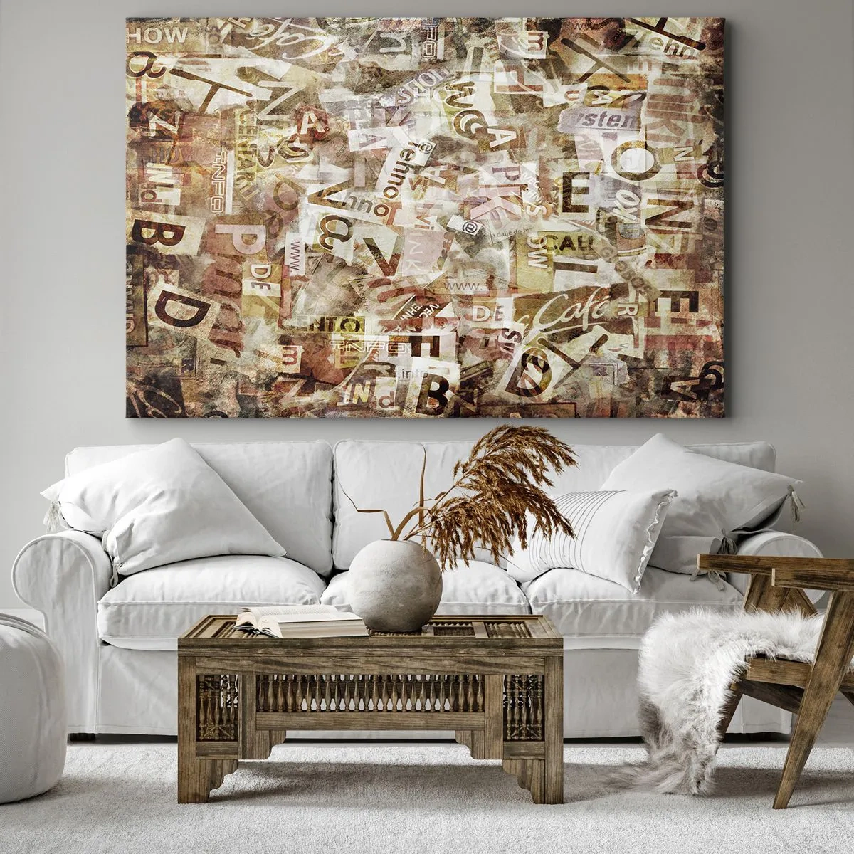 Lærredstryk - Billede på lærred - Abstrakt komposition med bogstaver og tekstfragmenter - 70x50cm - Jeg forener snakkehovederne - Moderne vægdekoration til stue og soveværelse ARTTOR