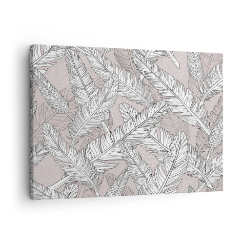 Lærredstryk - Billede på lærred - Sort og hvidt mønster med bananblade på en lys baggrund - 70x50cm - Fjerlig uro - Moderne vægdekoration til stue og soveværelse ARTTOR