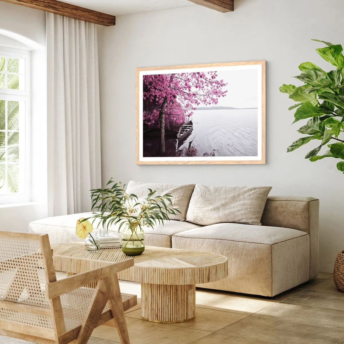 Plakat i ramme af lyst egetræ - I lyserød stilhed - 40x30 cm