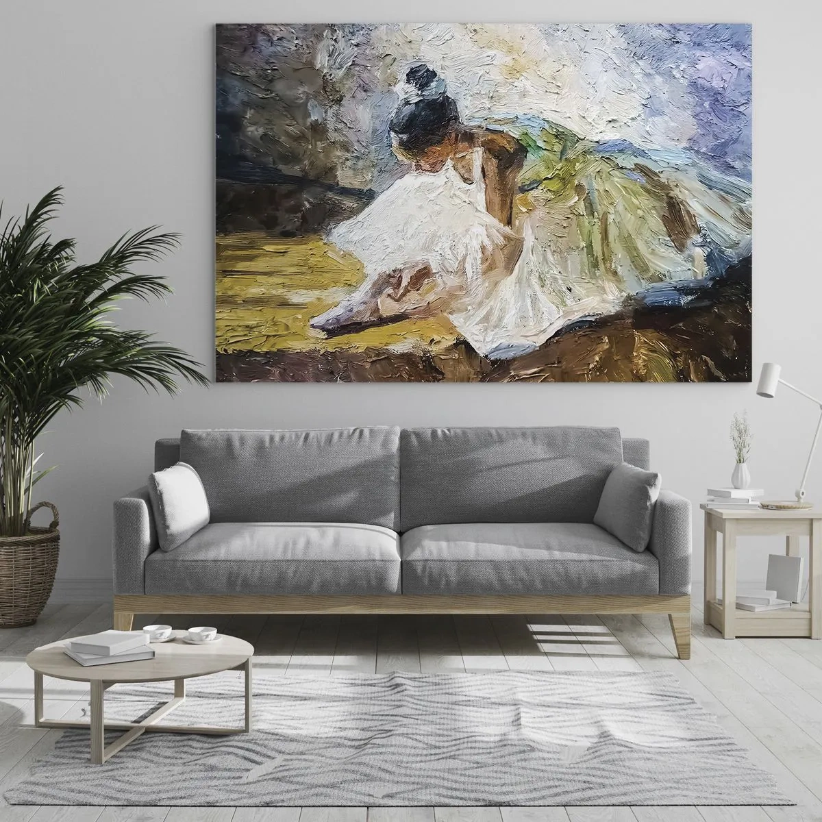 Billede på glas - En ballerina læner sig frem i en hvid kjole malet med olietekstur - 70x50cm - Fra et maleri af Degas - Moderne vægdekoration til stue og soveværelse ARTTOR