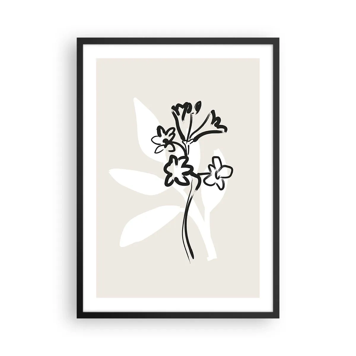 Plakat i sort ramme - Minimalistisk blomstertegning - 50x70cm - Skitse til et herbarium - Moderne vægdekoration til stue og soveværelse ARTTOR