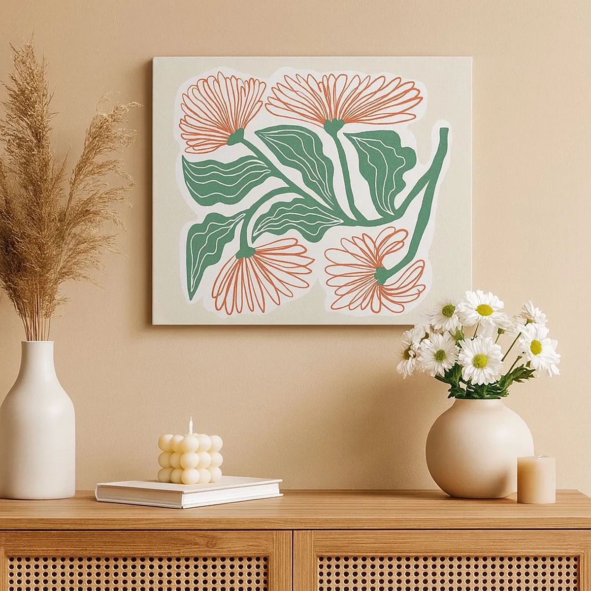 Lærredstryk - Billede på lærred - En tegning af blomster i minimalistisk stil med grønne blade - 70x50cm - Folkeligt og moderne - Moderne vægdekoration til stue og soveværelse ARTTOR