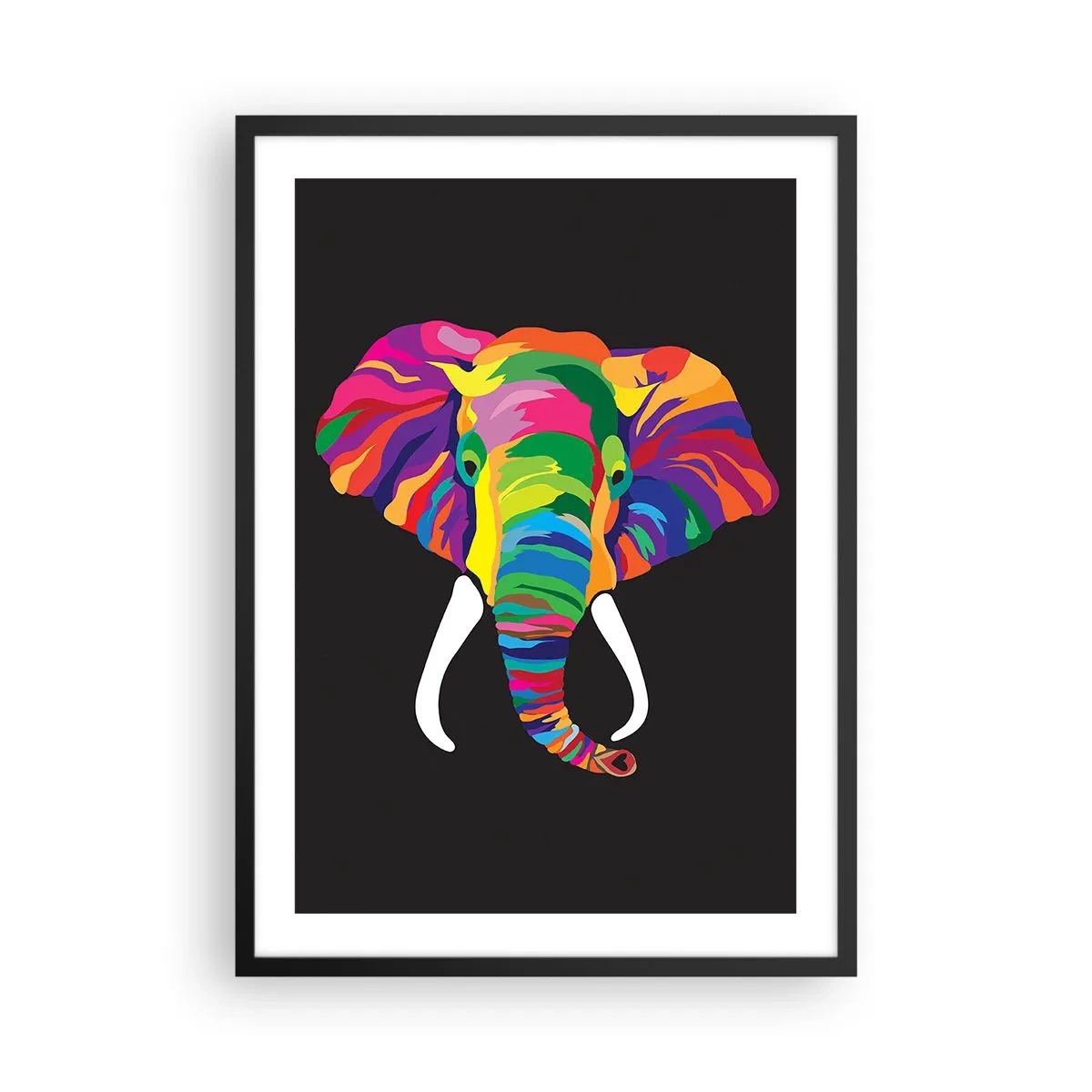 Plakat i sort ramme - Et farverigt billede af en elefant på en sort baggrund - 50x70cm - Elefanten, der elskede at bade i regnbuen - Moderne vægdekoration til stue og soveværelse ARTTOR