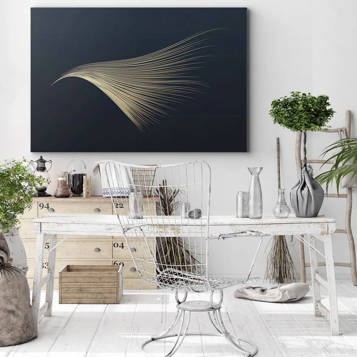 Lærredstryk - Billede på lærred - En fin fjerlignende linje på en marineblå baggrund - 70x50cm - Som en engels hår - Moderne vægdekoration til stue og soveværelse ARTTOR