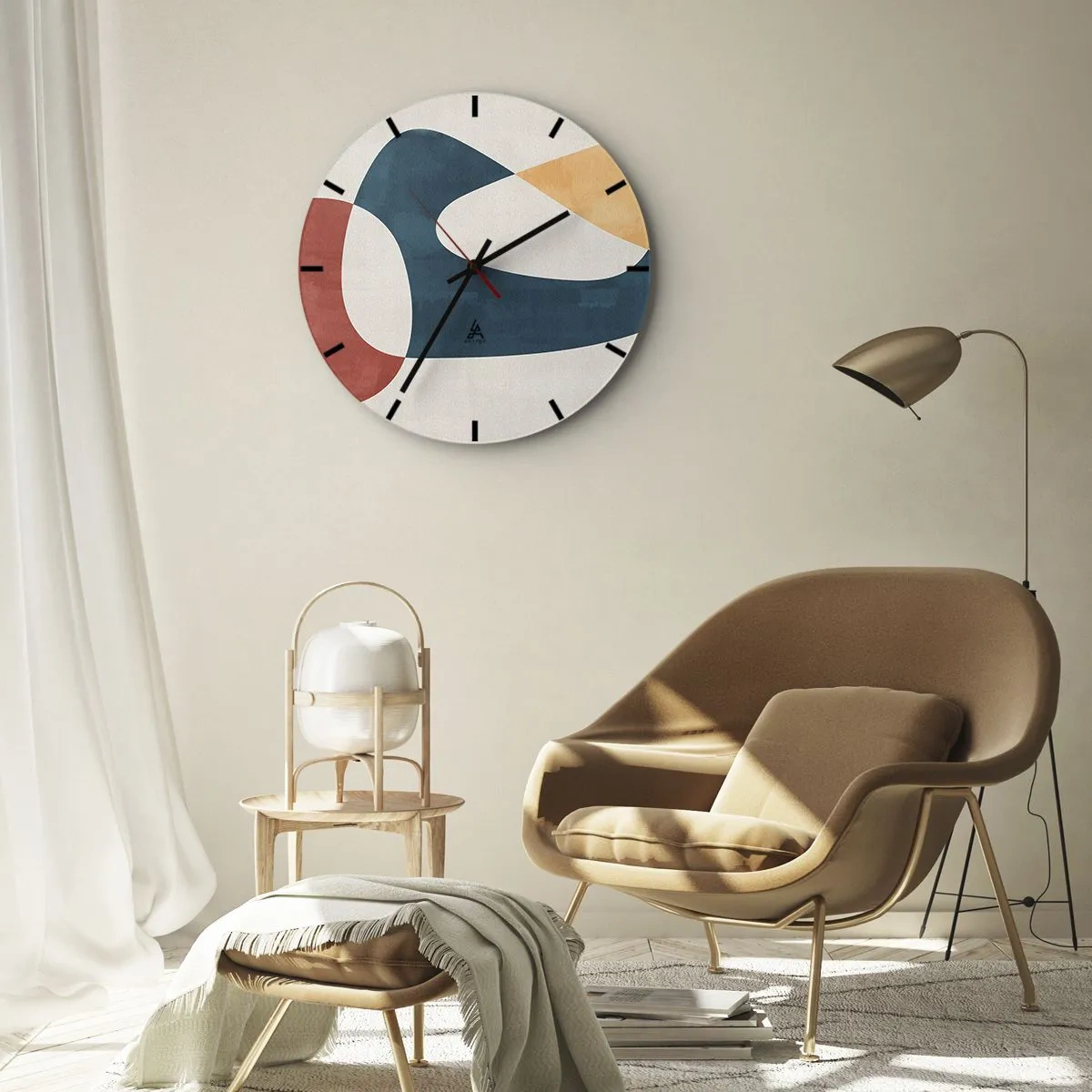 Vægur, Uret - Abstrakte former i nuancer af rød, marineblå og beige - 30x30cm - Påvirkninger og metamorfoser - Moderne vægdekoration til stue, køkken og soveværelse ARTTOR