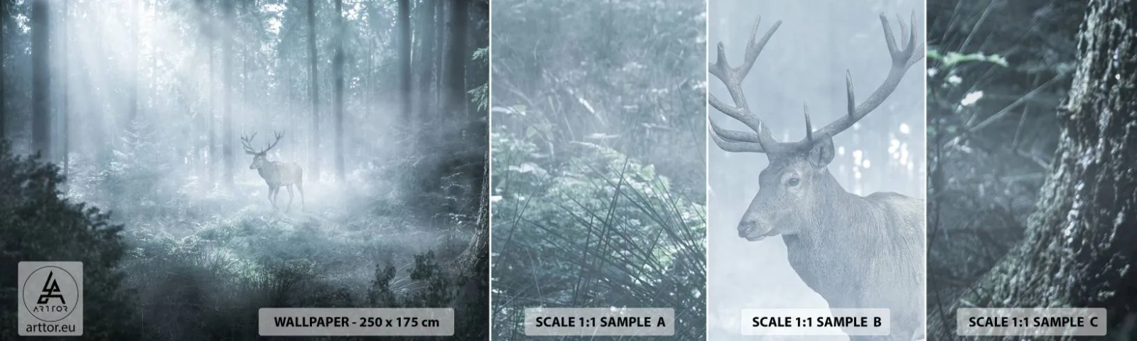 Fototapet Prøve Standard Eco - Morgenvandring rundt på godset - Landskab, Skov, Hjort - 100x30 cm