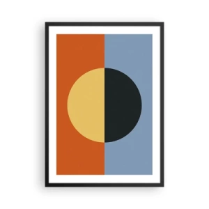 Plakat i sort ramme - Geometrisk komposition med en cirkel og kontrasterende farver - 50x70cm - En sammensætning af varme og kølighed - Moderne vægdekoration til stue og soveværelse ARTTOR