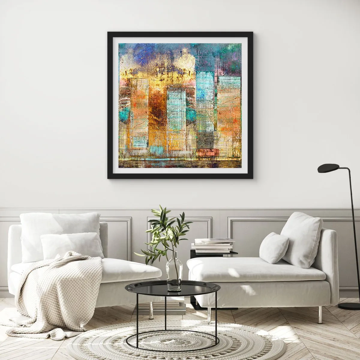 Plakat i sort ramme - Solrig metropol - 40x40 cm