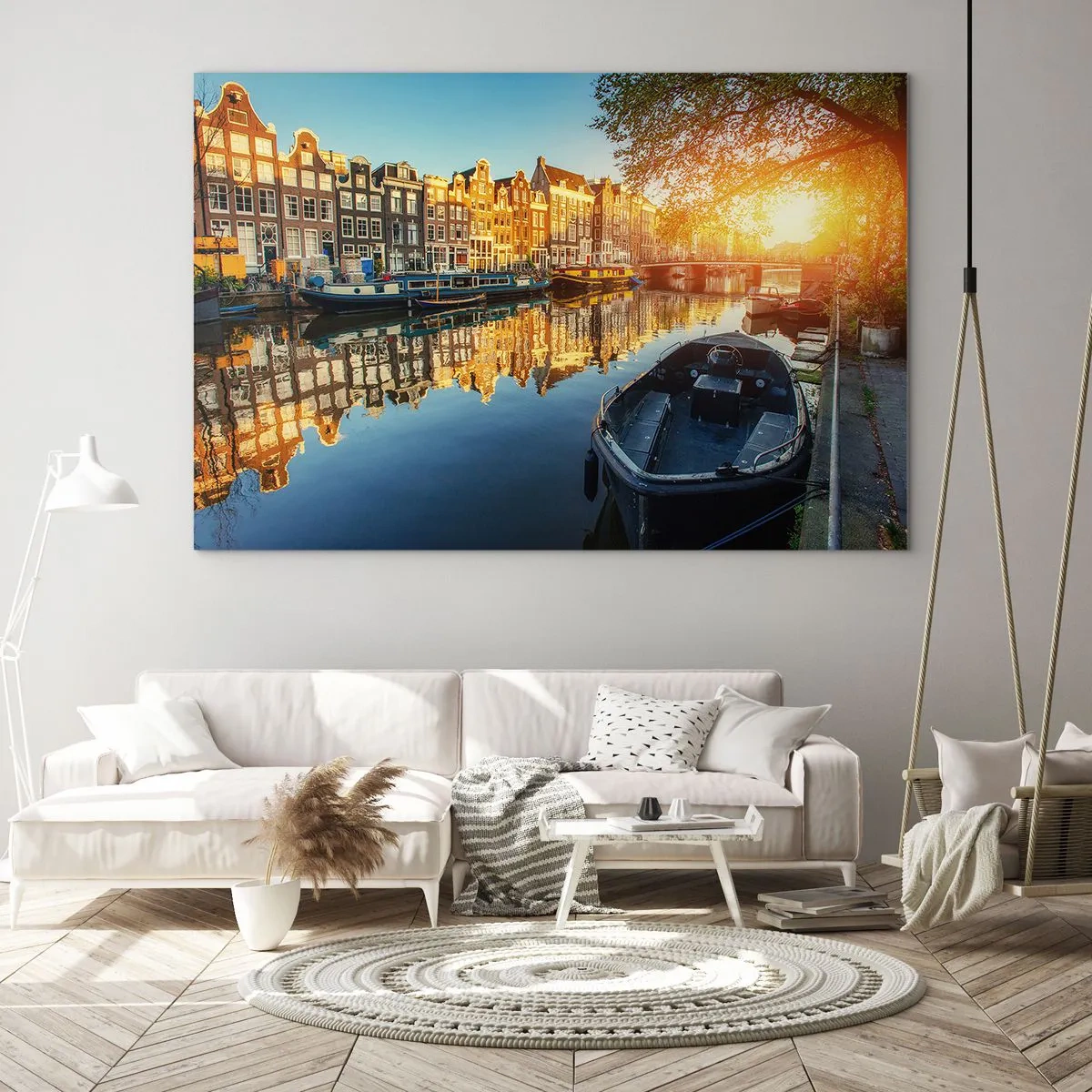 Billede på glas - Amsterdam-kanalen ved solnedgang - 70x50cm - Morgen i Amsterdam - Moderne vægdekoration til stue og soveværelse ARTTOR