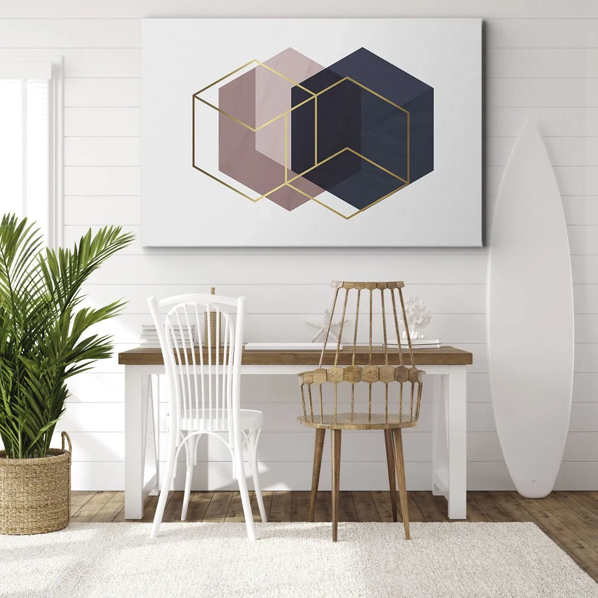 Lærredstryk - Billede på lærred - Geometriske former i gyldne linjer på en pastelfarvet baggrund - 70x50cm - Styrken ved enkelhed - Moderne vægdekoration til stue og soveværelse ARTTOR