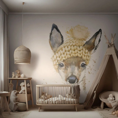 Fototapet Selvklæbende Deluxe Sticker - Til vinter i en sneklædt skov - For børn, Rogn, Grafik - 300x210 cm