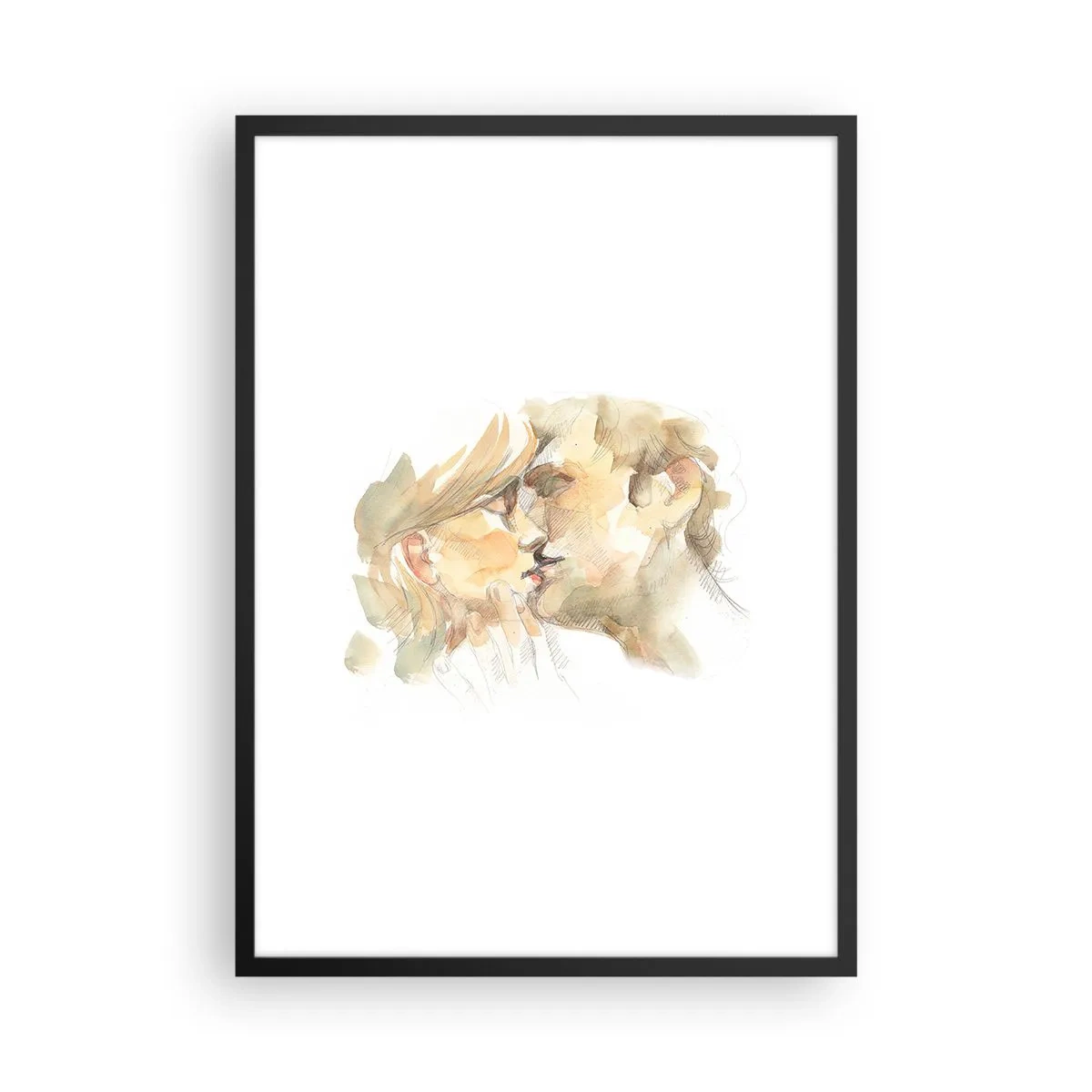 Plakat i sort ramme - Et delikat akvarelportræt af et par i et ømt kys. - 50x70cm - Den fundne halvdel? - Moderne vægdekoration til stue og soveværelse ARTTOR