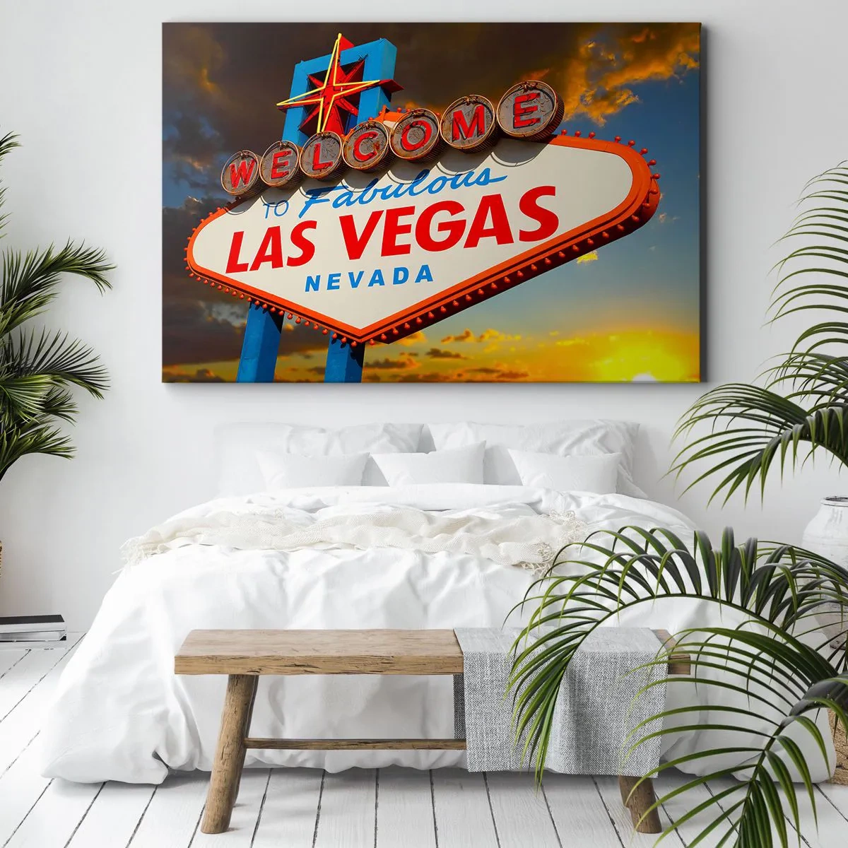 Lærredstryk - Billede på lærred - Det berømte Welcome to Fabulous Las Vegas-skilt ved solnedgang - 70x50cm - For et smil fra skæbnen - Moderne vægdekoration til stue og soveværelse ARTTOR