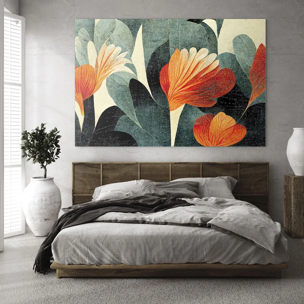Billede på glas - Orange blomster mod en baggrund af mørkegrønne blade - 70x50cm - Varmen fra troperne og køligheden fra det grønne - Moderne vægdekoration til stue og soveværelse ARTTOR