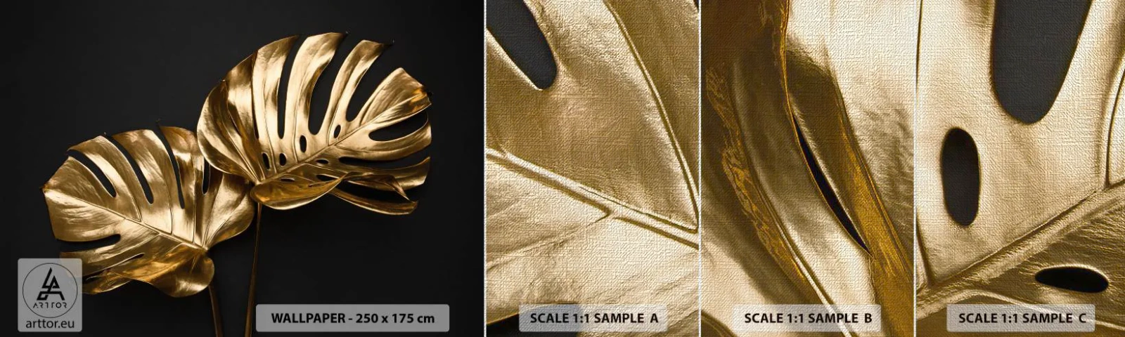 Prøve Fototapet Premium Canvas - Naturens skatte - Abstraktion, Gyldne Blade, Monstera blad - 100x30 cm