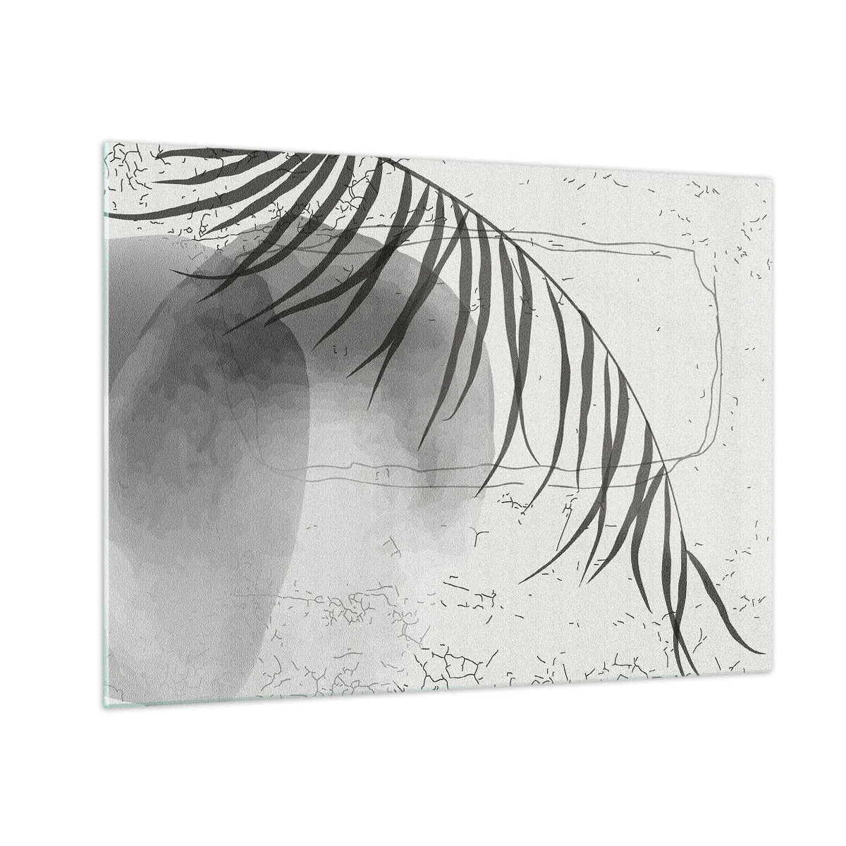 Billede på glas - Sort-hvid palmebladskyggegrafik - 70x50cm - Den subtile eksotisme i naturen - Moderne vægdekoration til stue og soveværelse ARTTOR