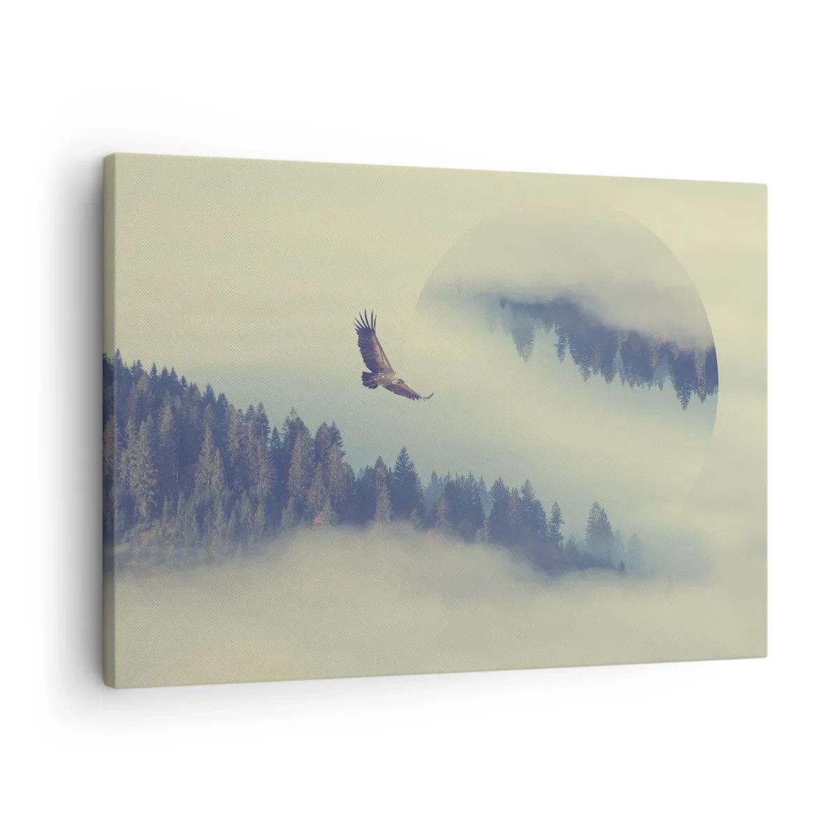Lærredstryk - Billede på lærred - En ørn i flugt mod en baggrund af tågede bjerge med et kunstnerisk cirkulært motiv - 70x50cm - Jeg så en ørnes skygge - Moderne vægdekoration til stue og soveværelse ARTTOR