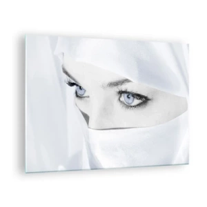 Billede på glas - Et diskret portræt med udtryksfulde blå øjne - 70x50cm - Lige fra tusind og en nat - Moderne vægdekoration til stue og soveværelse ARTTOR