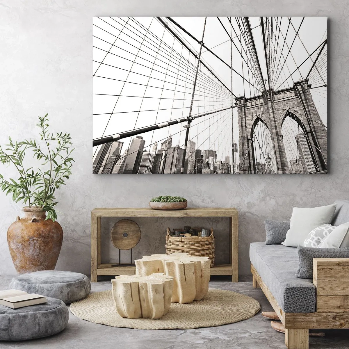 Lærredstryk - Billede på lærred - Brooklyn Bridge i monokrom - 70x50cm - Katedralen i New York - Moderne vægdekoration til stue og soveværelse ARTTOR