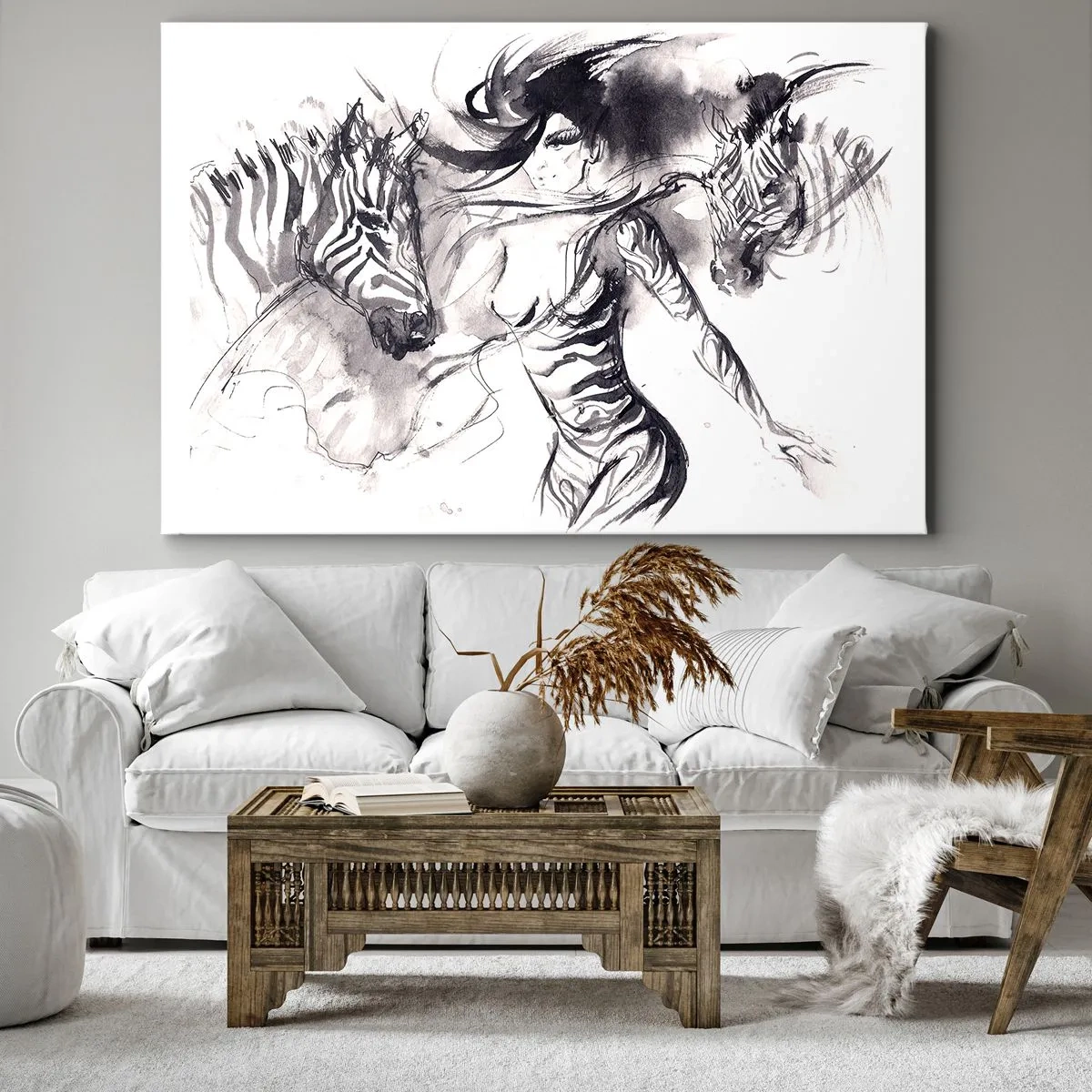 Lærredstryk - Billede på lærred - En kvinde i en dynamisk dans med zebraer i sort-hvid æstetik - 70x50cm - Danser med zebraer - Moderne vægdekoration til stue og soveværelse ARTTOR