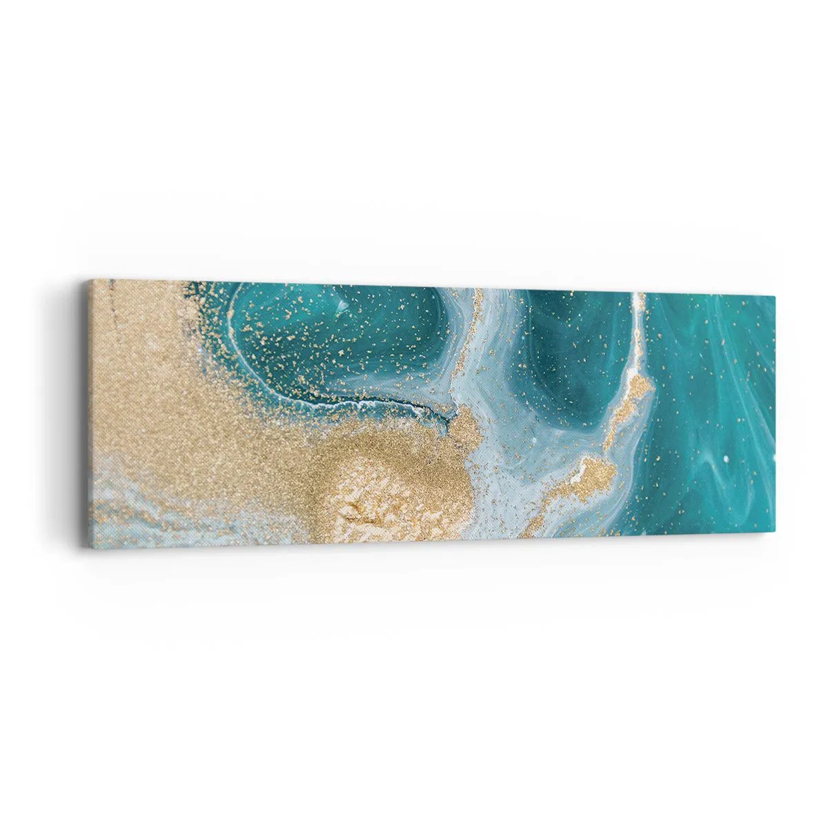 Lærredstryk - Billede på lærred - En hvirvel af guld og turkis - 90x30 cm