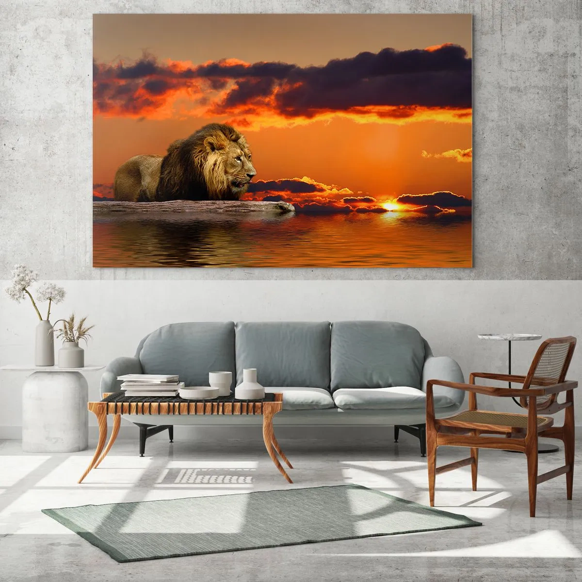 Billede på glas - En løve mod en baggrund af den nedgående sol - 70x50cm - Naturens konge - Moderne vægdekoration til stue og soveværelse ARTTOR