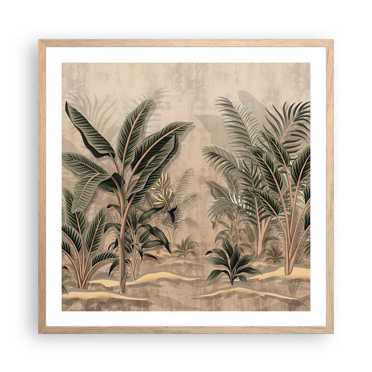 Plakat i ramme af lyst egetræ - Gravering i kolonistil - 60x60 cm