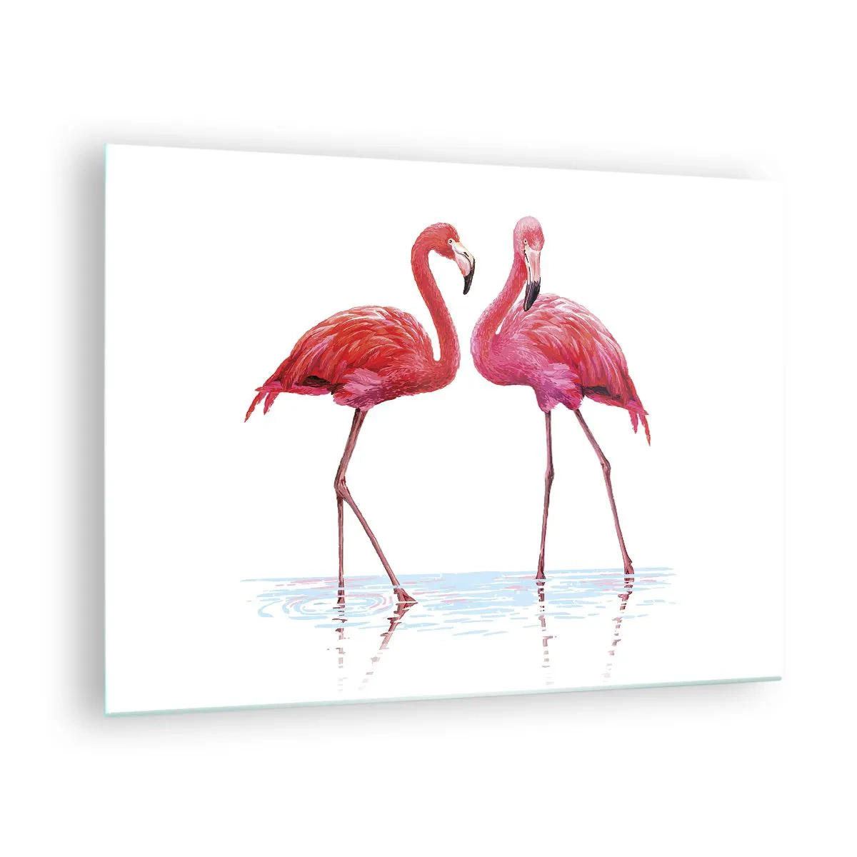 Billede på glas - To lyserøde flamingoer står i vandet - 70x50cm - Lyserødt randez-vous - Moderne vægdekoration til stue og soveværelse ARTTOR