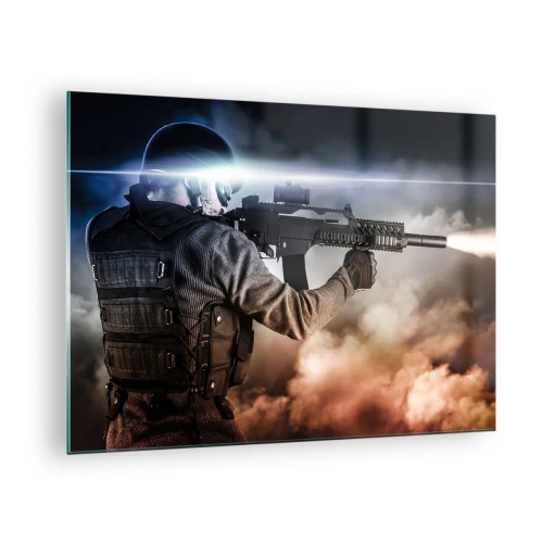 Billede på glas - En soldat i aktion affyrer en riffel mod en baggrund af røg. - 70x50cm - Bare en helt - Moderne vægdekoration til stue og soveværelse ARTTOR