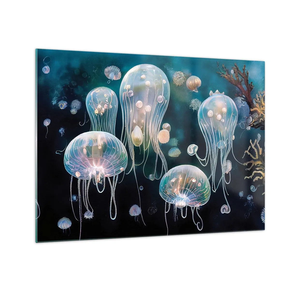 Billede på glas - Vandmænd i den lysende dans i undervandsverdenen - 70x50cm - Undervandsbold - Moderne vægdekoration til stue og soveværelse ARTTOR