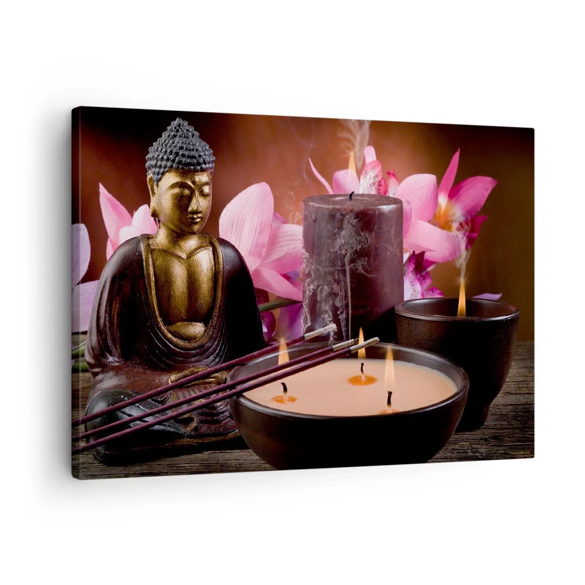 Lærredstryk - Billede på lærred - Buddha-figur med tændte lys og røgelsespinde - 70x50cm - Rydde sindet, berolige kroppen - Moderne vægdekoration til stue og soveværelse ARTTOR