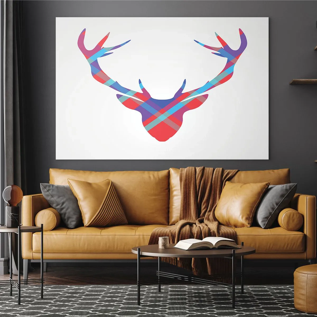Billede på glas - Geometrisk billede af en hjort i pastelfarver - 70x50cm - Skotsk hjort - Moderne vægdekoration til stue og soveværelse ARTTOR