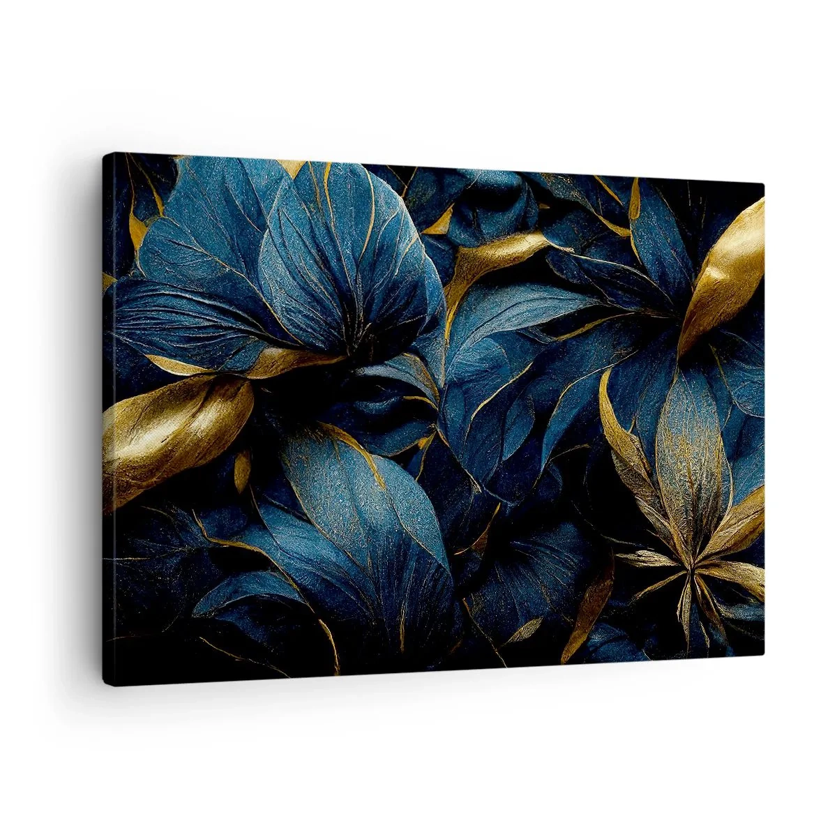 Lærredstryk - Billede på lærred - Elegante blade i nuancer af guld og marineblå - 70x50cm - Foret med guld - Moderne vægdekoration til stue og soveværelse ARTTOR