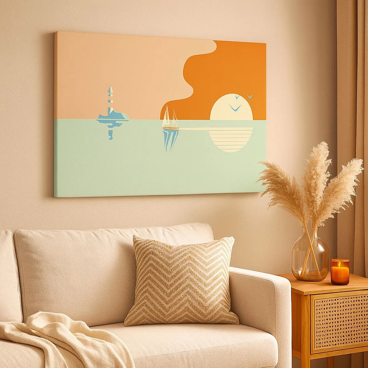 Lærredstryk - Billede på lærred - Et minimalistisk havlandskab med en sejlbåd og en solnedgang - 70x50cm - Det perfekte havlandskab - Moderne vægdekoration til stue og soveværelse ARTTOR