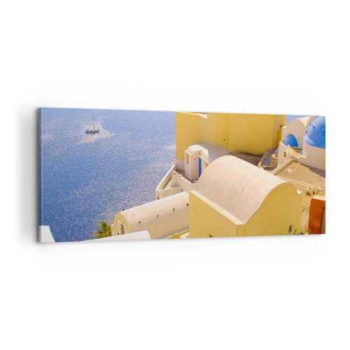 Lærredstryk - Billede på lærred - Græsk landskab i hvid og blå - 100x40 cm