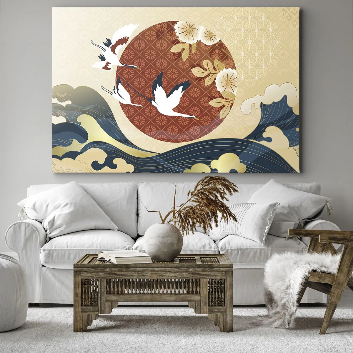 Lærredstryk - Billede på lærred - Japansk komposition med traner og bølger - 70x50cm - Kompatibel manglende overensstemmelse - Moderne vægdekoration til stue og soveværelse ARTTOR