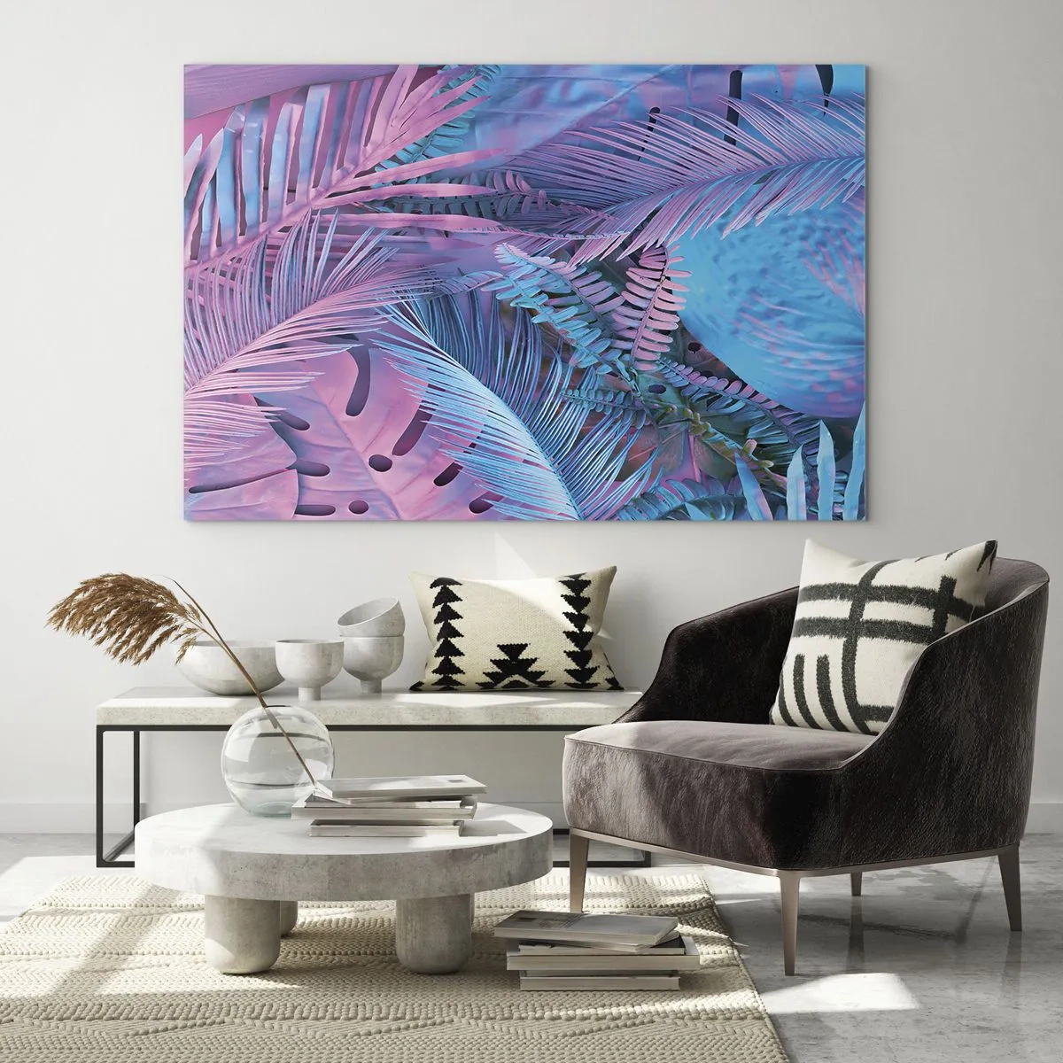 Billede på glas - Tropiske blade i nuancer af lyserød og blå på en neonbaggrund - 70x50cm - Troperne i lyserød og blå - Moderne vægdekoration til stue og soveværelse ARTTOR