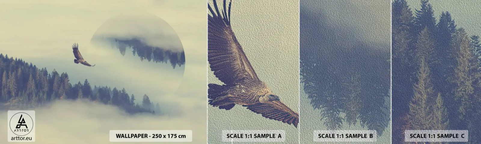 Prøve Fototapet Premium Sand - Jeg så en ørnes skygge - Ørn, Fugl, Skov - 100x30 cm