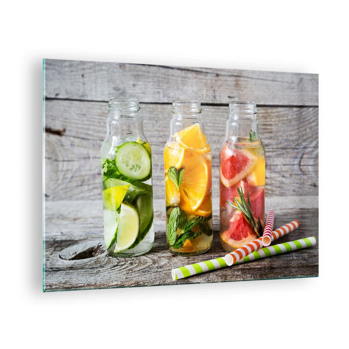 Billede på glas - Flasker med frugtvand og urter på en træbaggrund - 70x50cm - Sund af natur - Moderne vægdekoration til stue og soveværelse ARTTOR