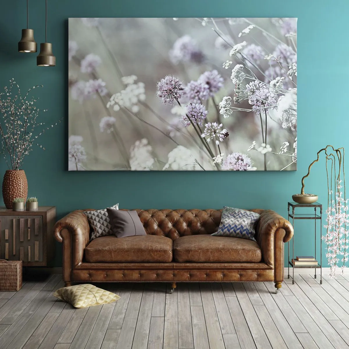 Lærredstryk - Billede på lærred - Delikate blomster i pastelfarver - 70x50cm - Søde filigranurter - Moderne vægdekoration til stue og soveværelse ARTTOR