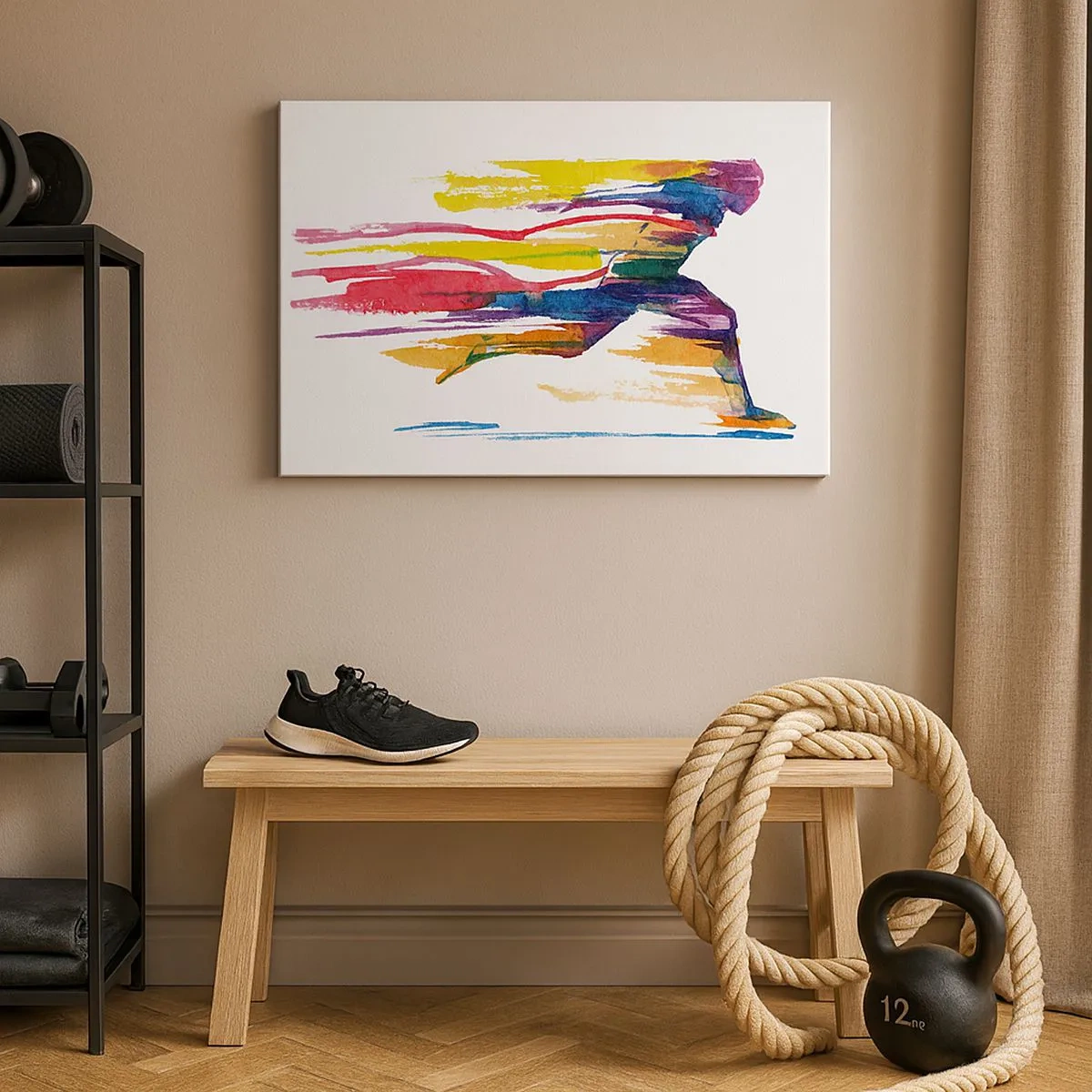 Lærredstryk - Billede på lærred - En løber i abstrakte farver, der symboliserer dynamik og energi - 70x50cm - Løb over regnbuen - Moderne vægdekoration til stue og soveværelse ARTTOR