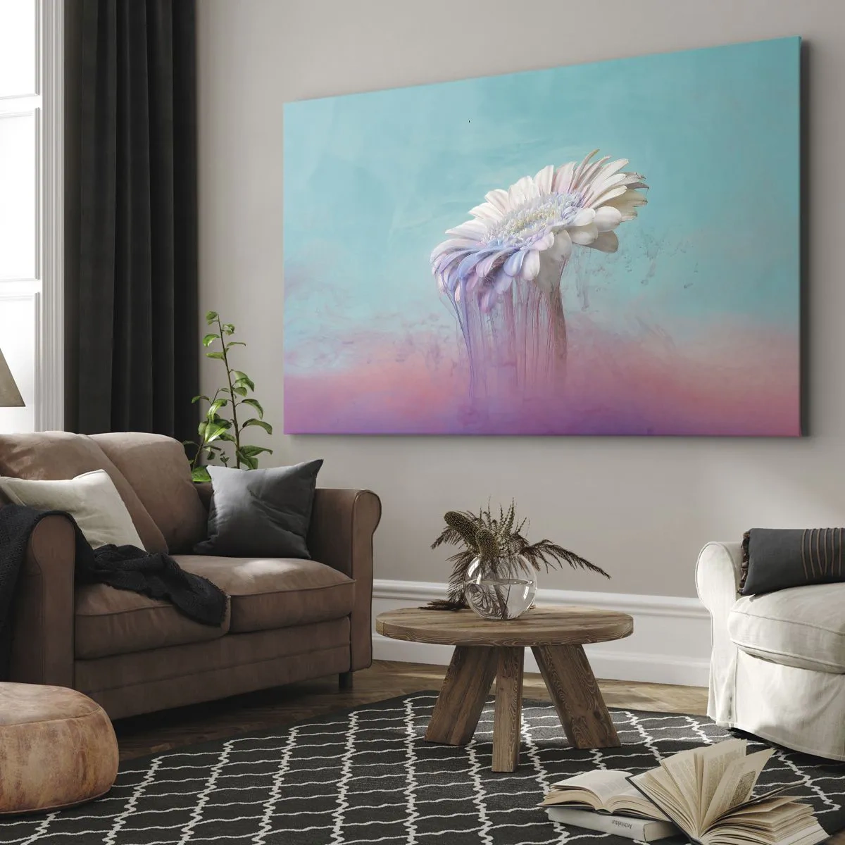 Lærredstryk - Billede på lærred - Pastel gerbera med sløringseffekt - 70x50cm - Blomster efter døden - Moderne vægdekoration til stue og soveværelse ARTTOR