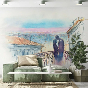 Fototapet Selvklæbende Deluxe Sticker - Parisiske elskere - Arkitektur, By, Et par kærester - 100x70 cm