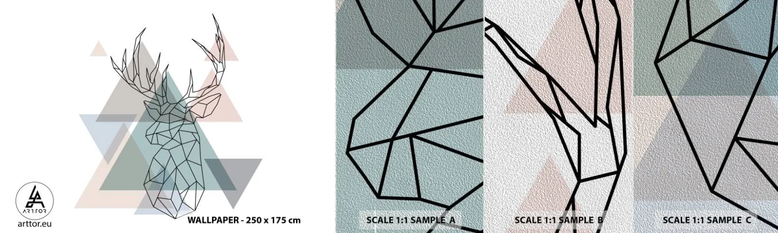 Prøve Fototapet Premium Sand - I en geometrisk skov - Abstraktion, Hjort, Grafik - 100x30 cm