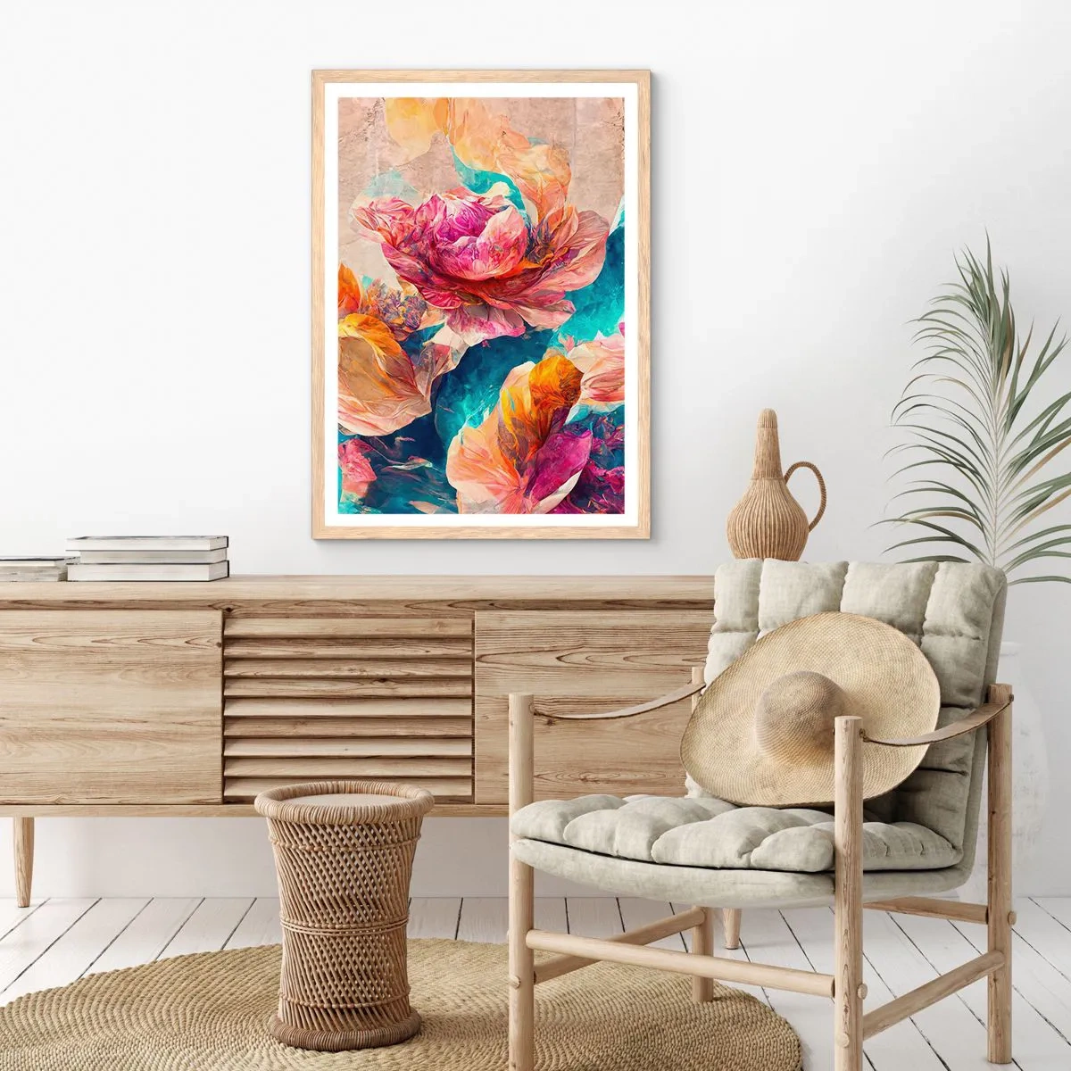 Plakat i ramme af lyst egetræ - Den farverige pragt i en buket - 61x91 cm